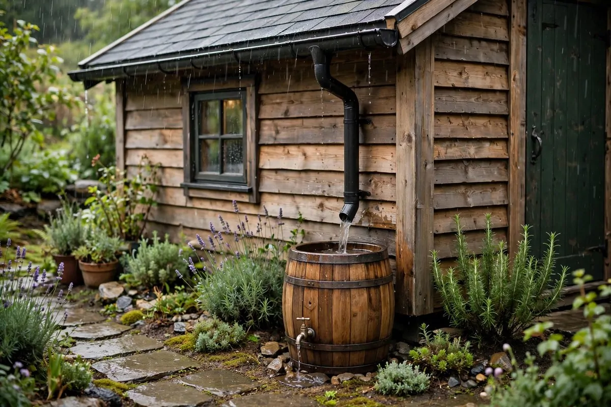17 Off-Grid Tiny Home Ideas That Run Without the Bills 3 Rain gutter and downspout feeding a wooden rain barrel beside a tiny house