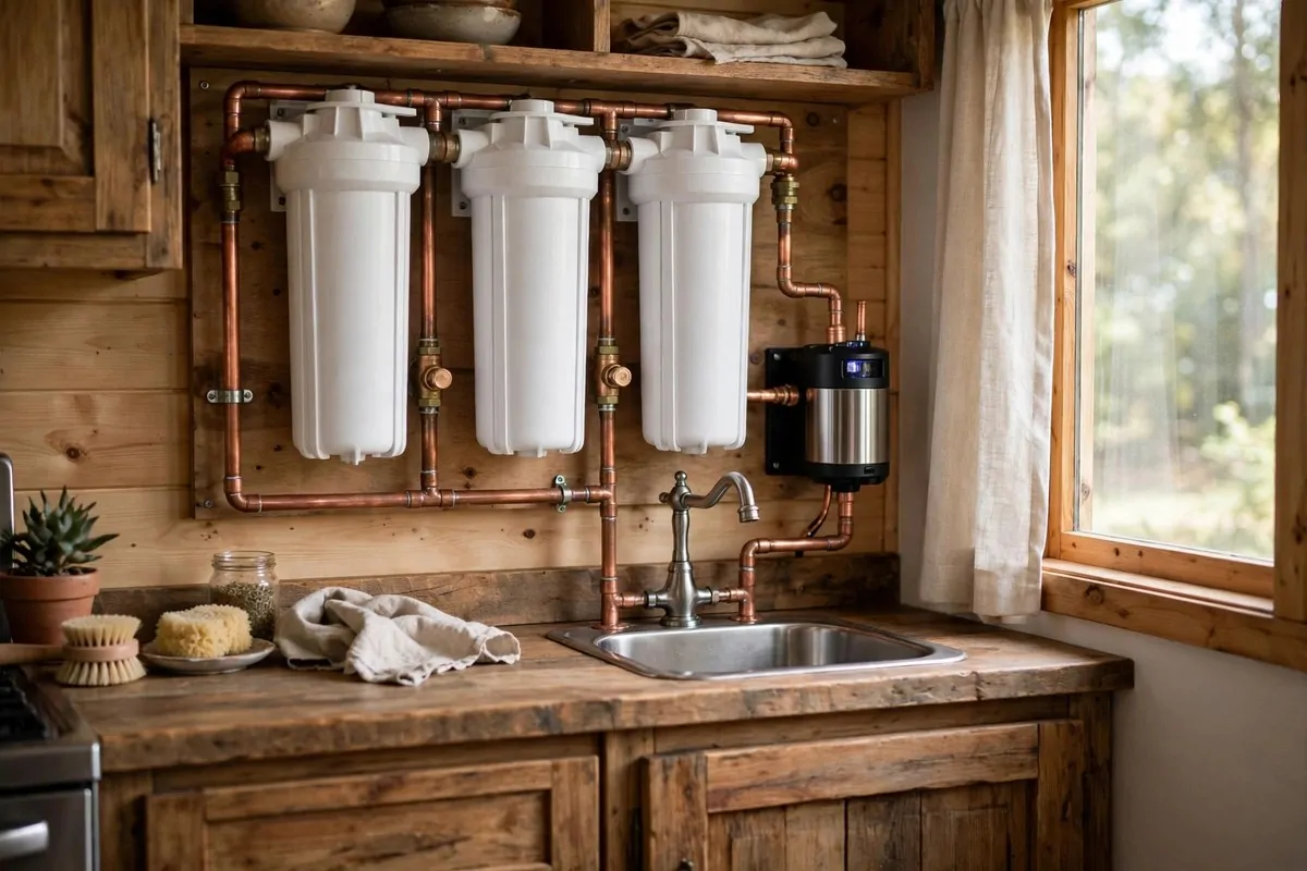 17 Off-Grid Tiny Home Ideas That Run Without the Bills 4 Three white water filter canisters and pipes above a small kitchen sink
