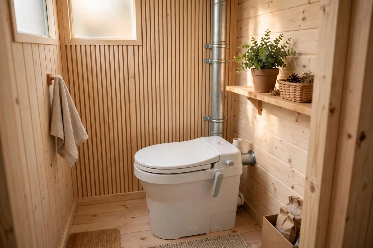 17 Off-Grid Tiny Home Ideas That Run Without the Bills 5 Modern composting toilet in a tiny bathroom with wood walls and a plant