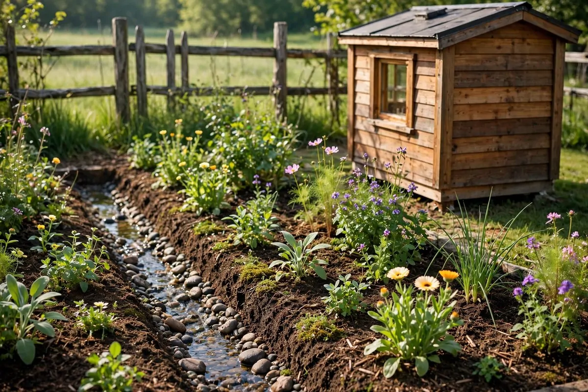 17 Off-Grid Tiny Home Ideas That Run Without the Bills 6 Lush garden bed with mulch-lined watering channel beside a tiny house