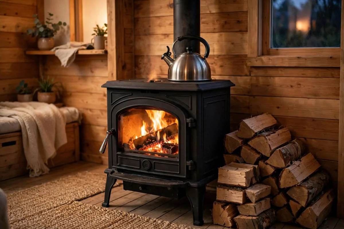 17 Off-Grid Tiny Home Ideas That Run Without the Bills 7 Black wood-burning stove with glowing flames and a kettle in a tiny living room
