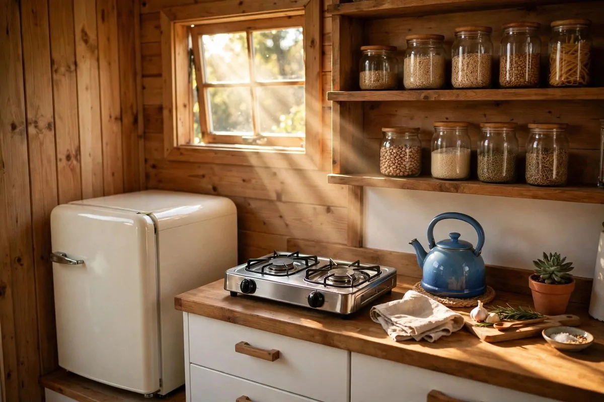 17 Off-Grid Tiny Home Ideas That Run Without the Bills 8 Compact tiny kitchen with propane cooktop, small retro fridge and open shelves