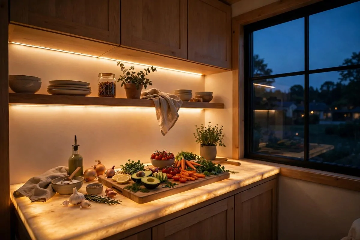 17 Off-Grid Tiny Home Ideas That Run Without the Bills 9 Tiny kitchen glowing with warm LED strip lights at dusk