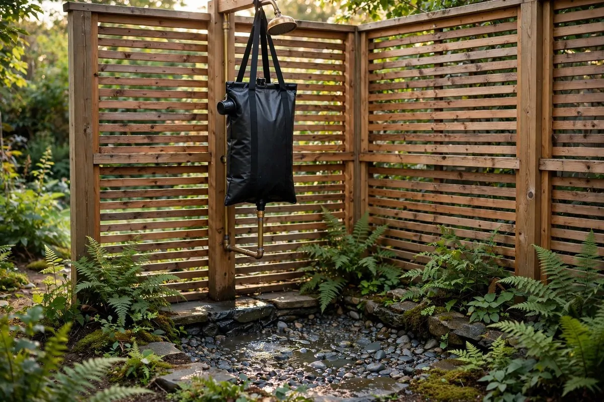 17 Off-Grid Tiny Home Ideas That Run Without the Bills 10 Outdoor solar shower with wooden privacy screen and brass shower head in a garden