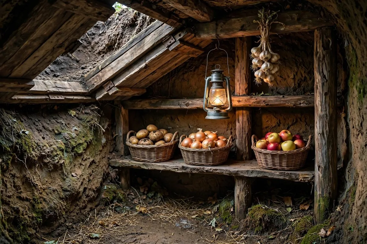 17 Off-Grid Tiny Home Ideas That Run Without the Bills 11 Rustic root cellar with wooden shelves holding baskets of vegetables