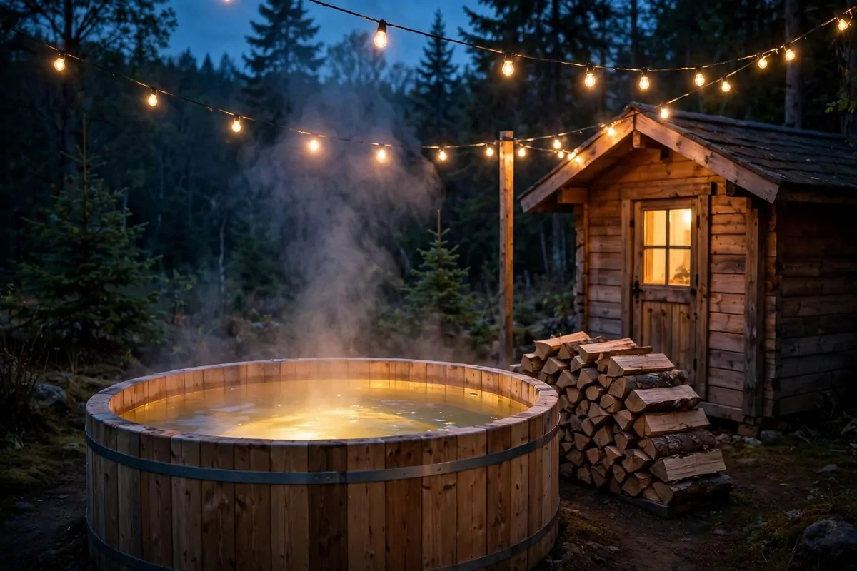 17 Off-Grid Tiny Home Ideas That Run Without the Bills 12 Round wooden hot tub with steam rising beside a cabin at dusk