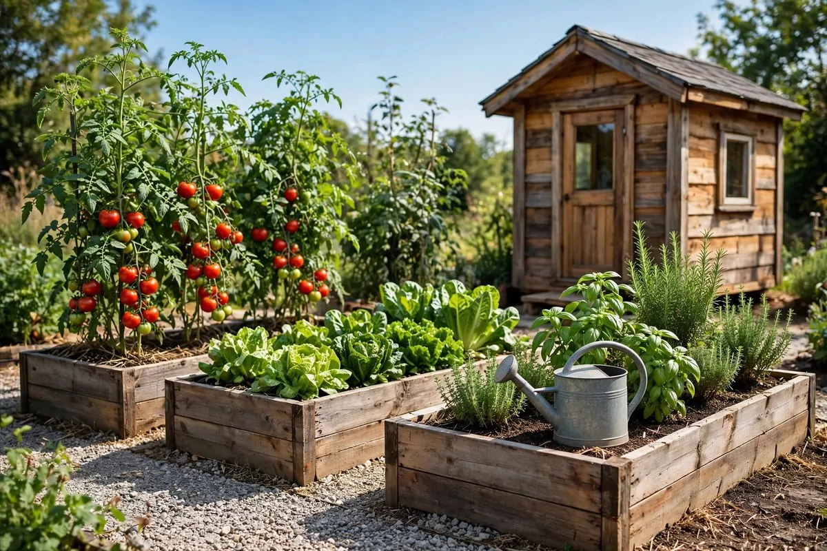 17 Off-Grid Tiny Home Ideas That Run Without the Bills 13 Wooden raised garden beds with vegetables beside a tiny house