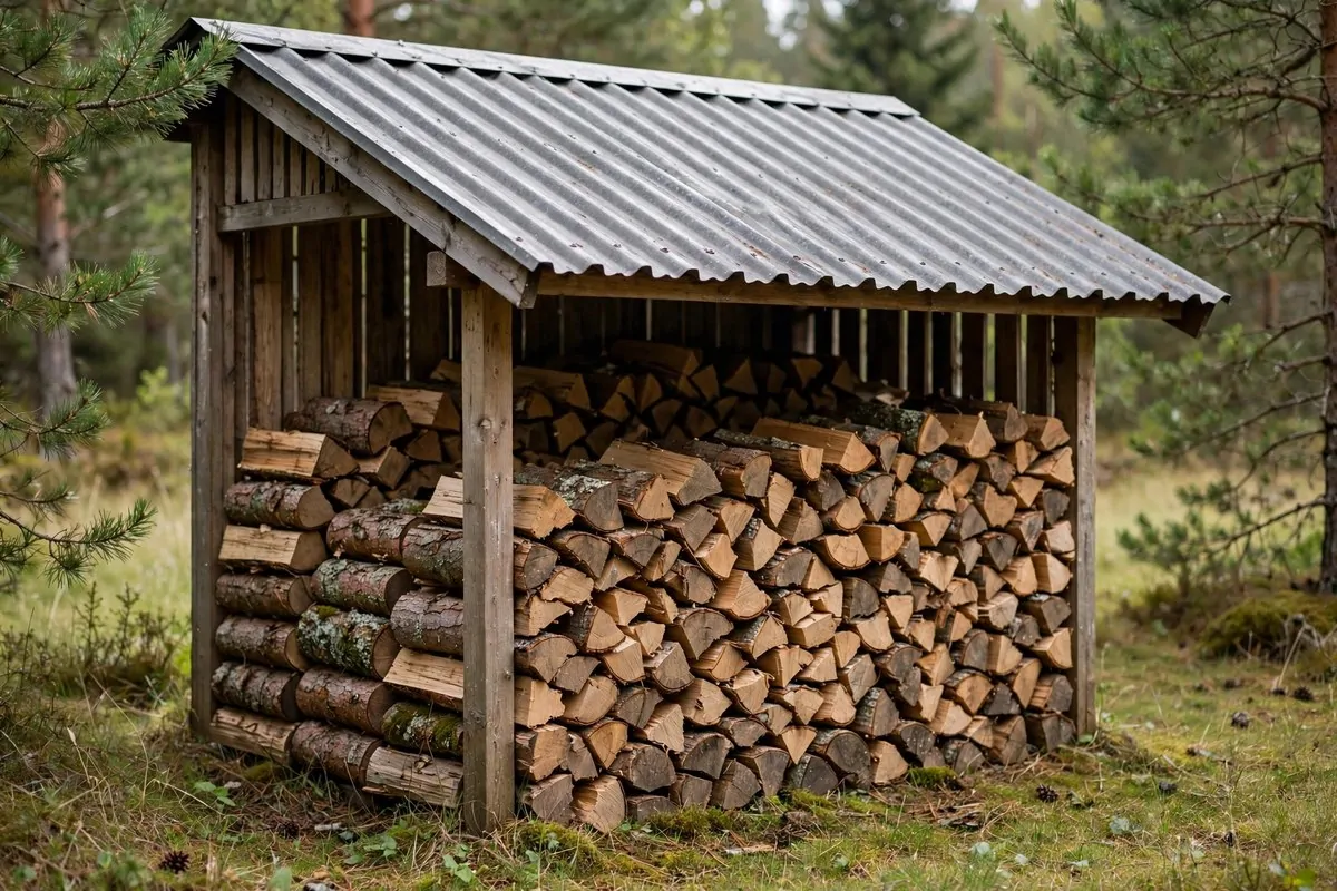 17 Off-Grid Tiny Home Ideas That Run Without the Bills 15 Neatly stacked firewood under a wooden lean-to shed