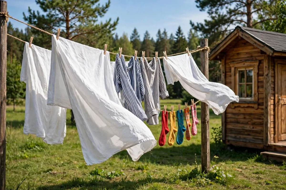 17 Off-Grid Tiny Home Ideas That Run Without the Bills 16 Wooden clothesline with fresh laundry swaying in a sunny backyard
