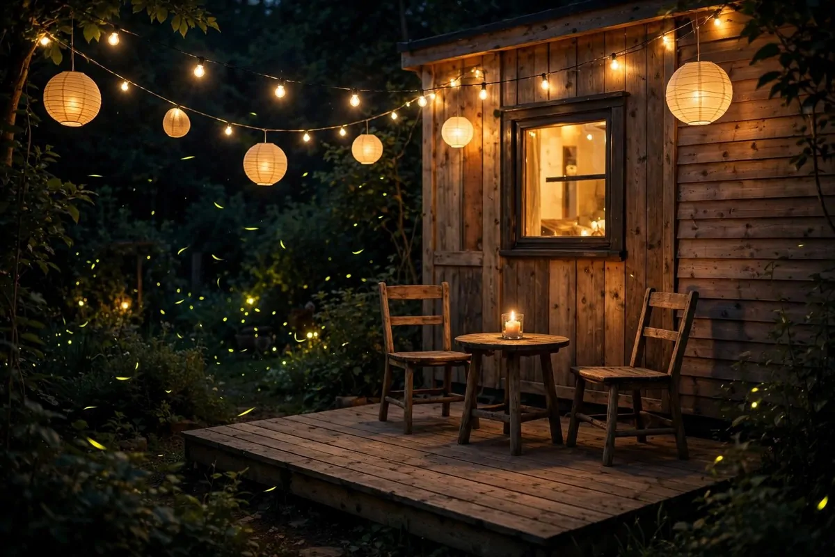 17 Off-Grid Tiny Home Ideas That Run Without the Bills 17 Wooden deck glowing with solar string lights and lanterns at night
