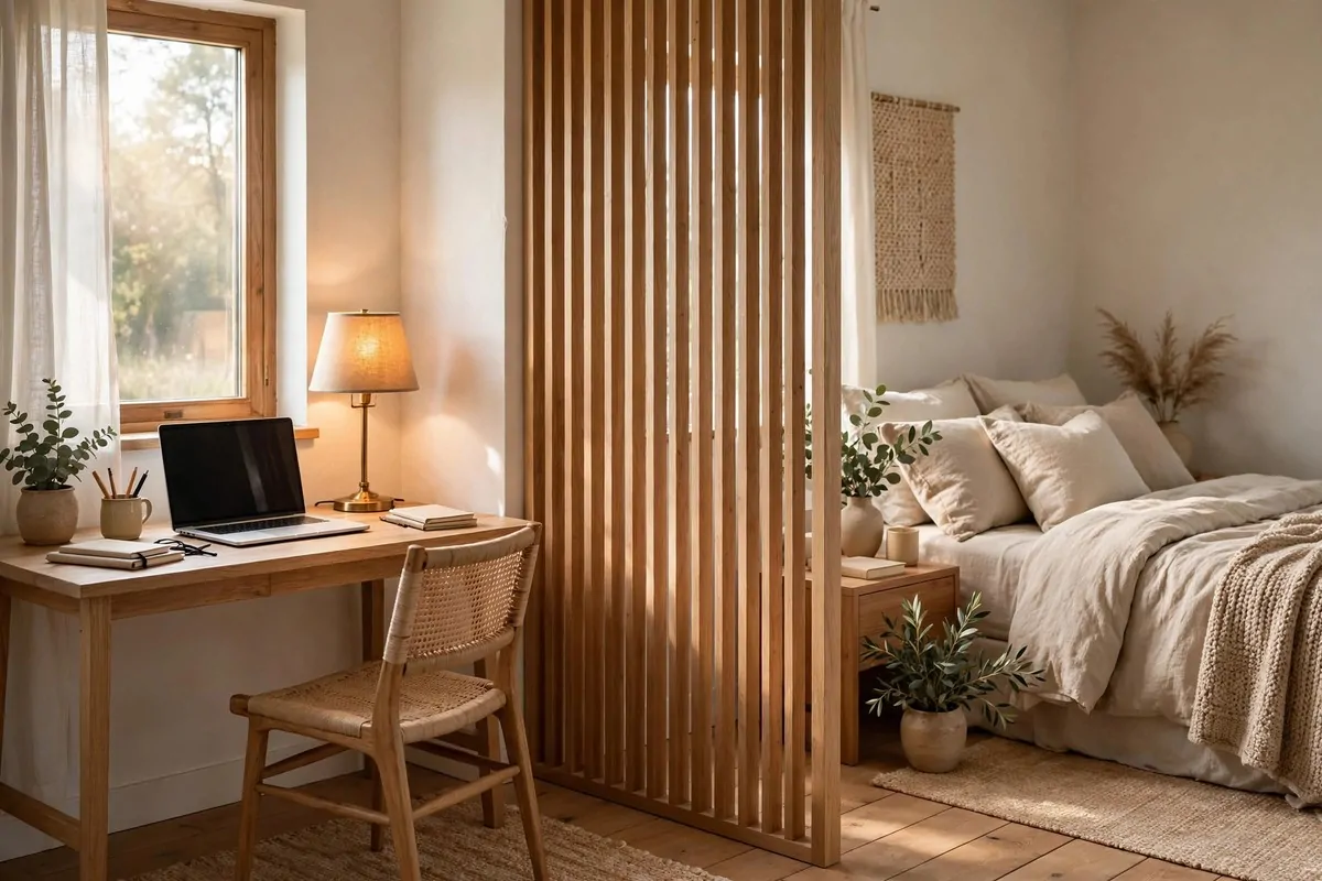 Bedroom office corner with a room divider separating the desk area from the bed