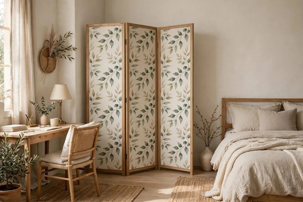 17 Office in Bedroom Ideas Room Dividers Can Create in Minutes 1 Tall open bookshelf standing between a bed and a small desk workspace in a bedroom