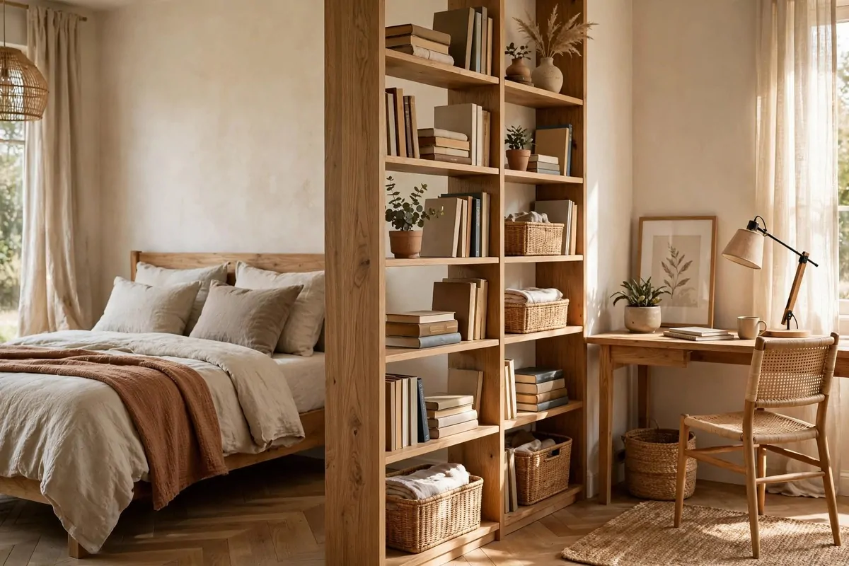17 Office in Bedroom Ideas Room Dividers Can Create in Minutes 2 Three-panel folding screen with a botanical print separating a desk from a bed in a bedroom