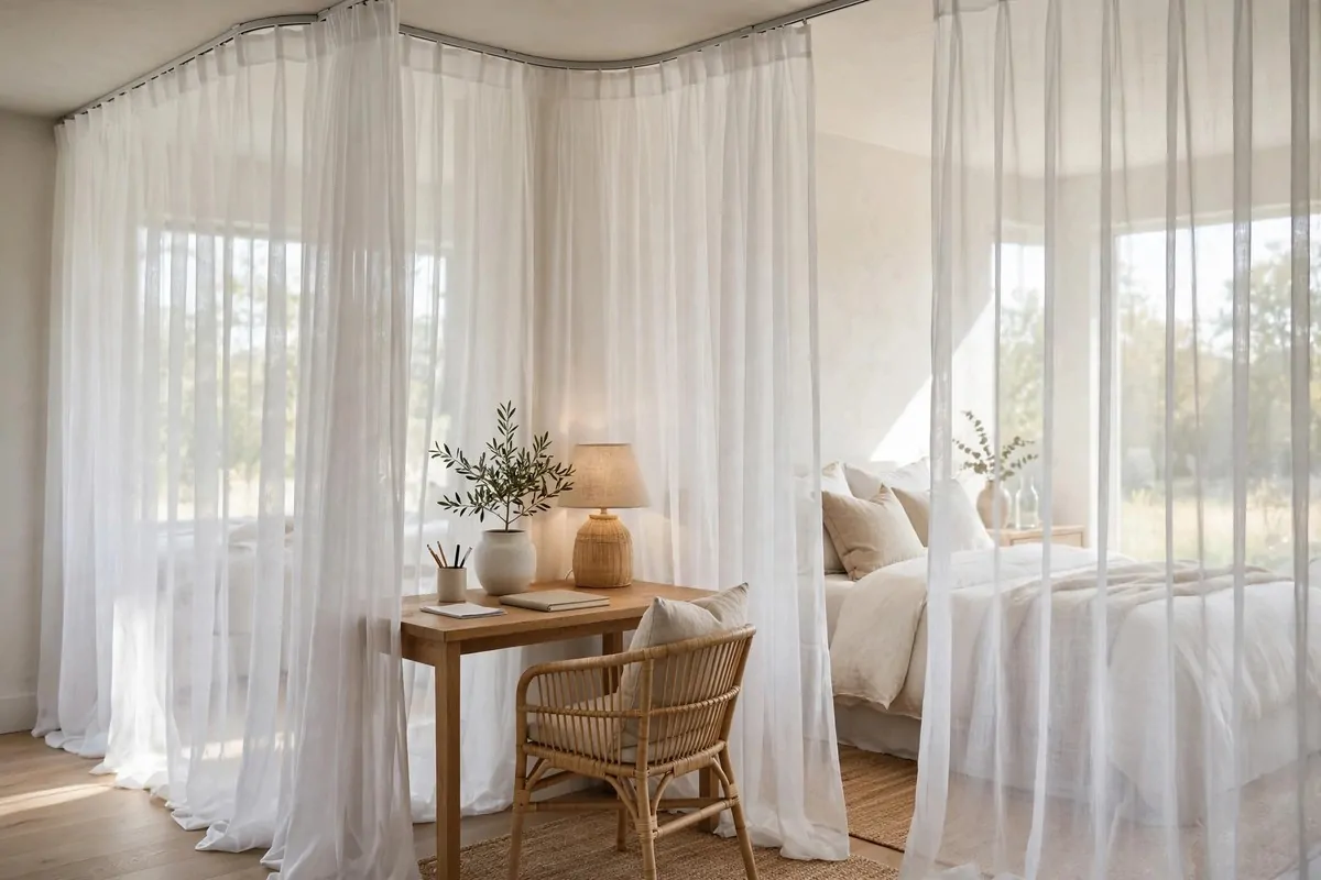17 Office in Bedroom Ideas Room Dividers Can Create in Minutes 3 Sheer white curtain panels on a ceiling track wrapped around a small desk nook in a bedroom