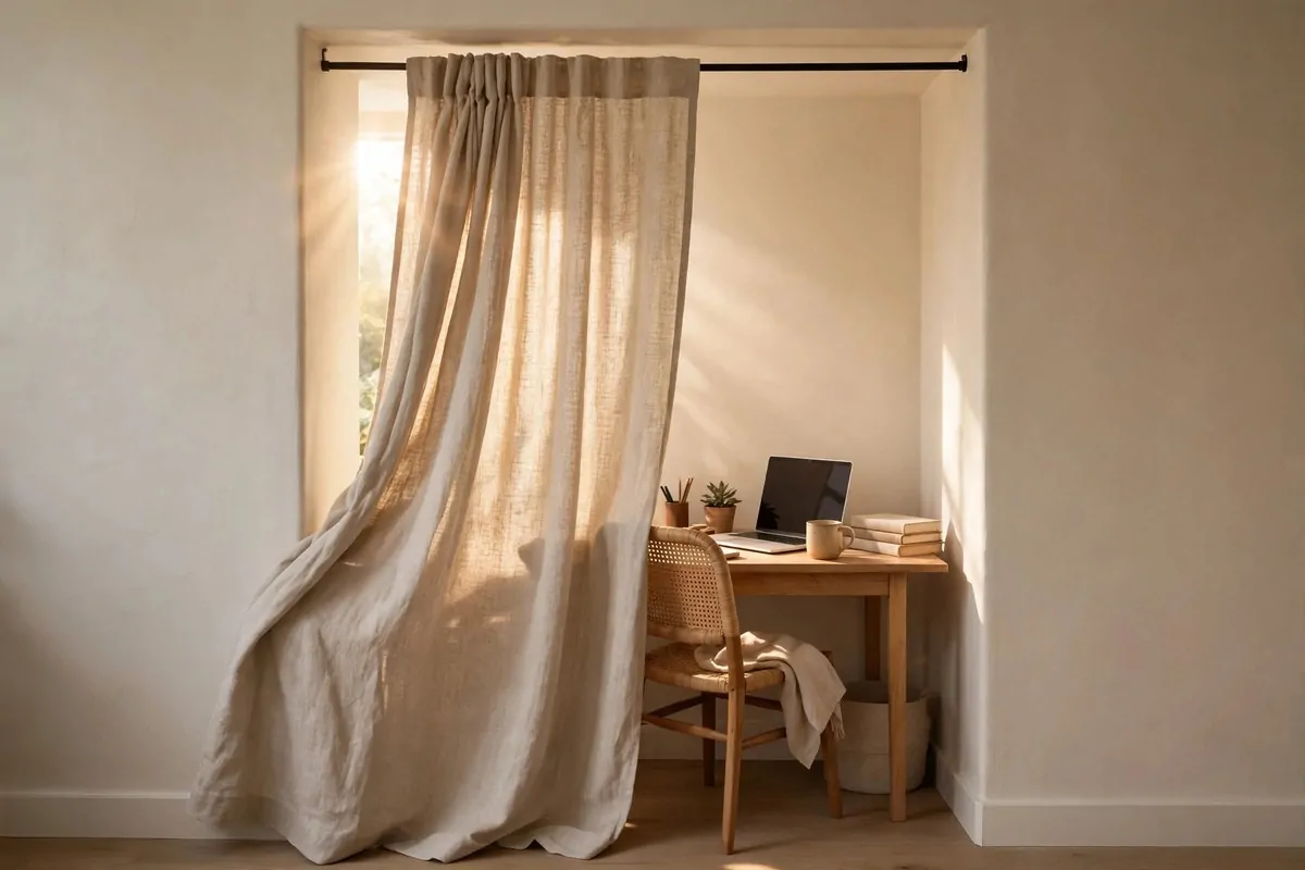 17 Office in Bedroom Ideas Room Dividers Can Create in Minutes 4 Linen curtain on a tension rod drawn half open over a small desk tucked in a bedroom alcove