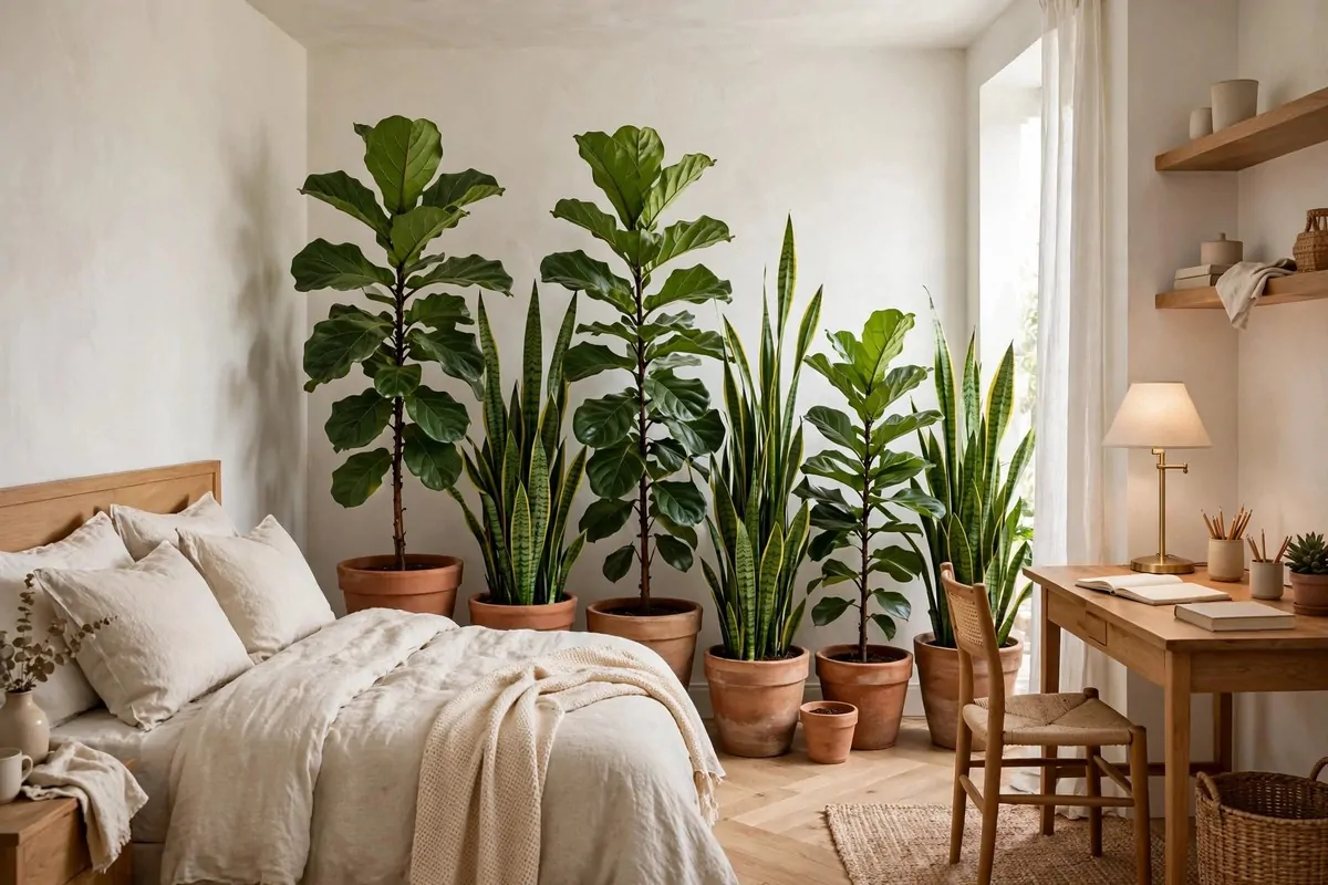 17 Office in Bedroom Ideas Room Dividers Can Create in Minutes 5 Row of tall potted plants forming a green divider between a bed and a desk in a bright bedroom