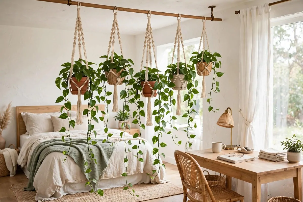 17 Office in Bedroom Ideas Room Dividers Can Create in Minutes 6 Trailing pothos plants in macrame hangers at different heights beside a desk in a bedroom