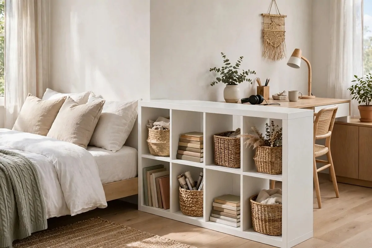17 Office in Bedroom Ideas Room Dividers Can Create in Minutes 7 White cube storage organizer as a low half wall with baskets between a bed and a desk