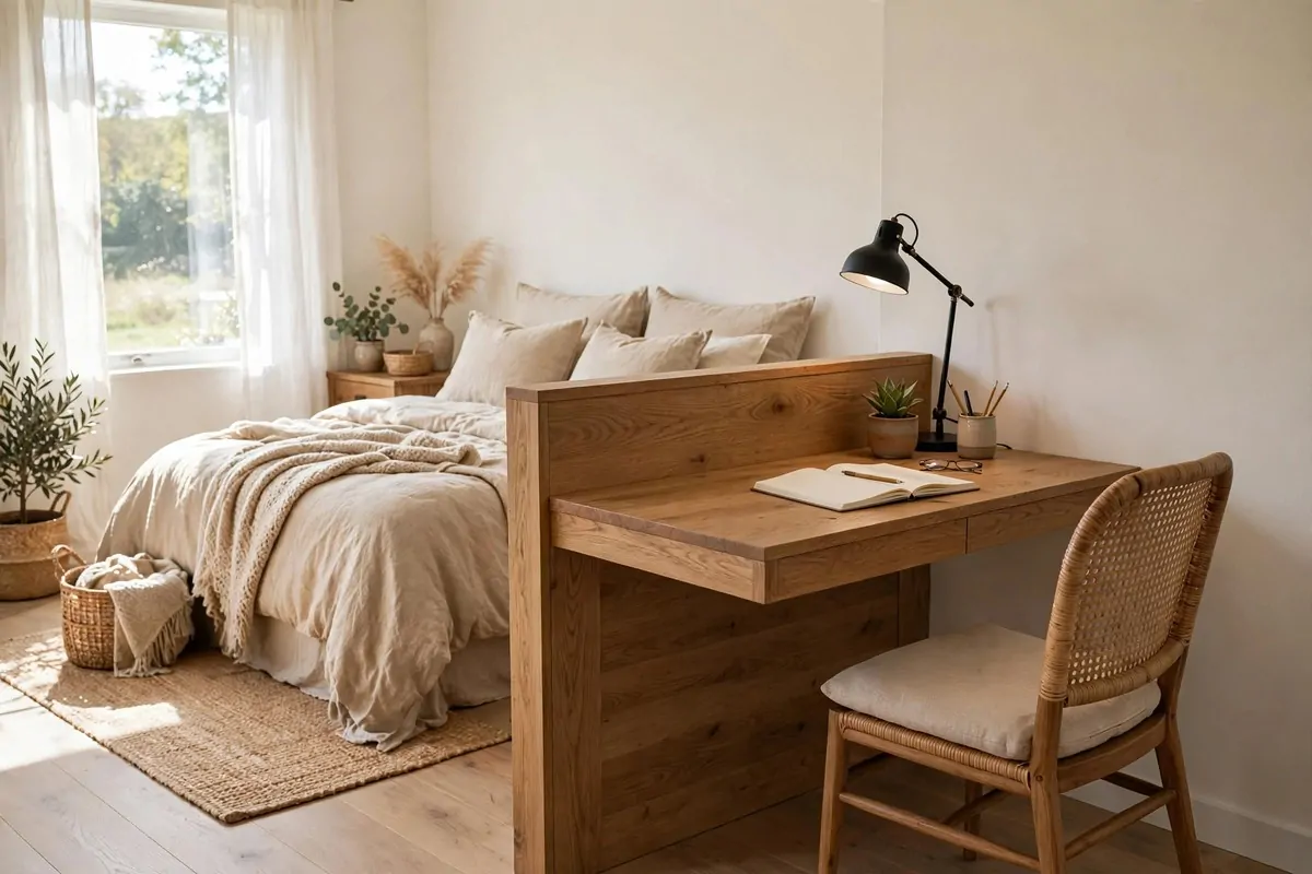 17 Office in Bedroom Ideas Room Dividers Can Create in Minutes 8 Wooden desk placed perpendicular to a bedroom wall with its back facing the bed