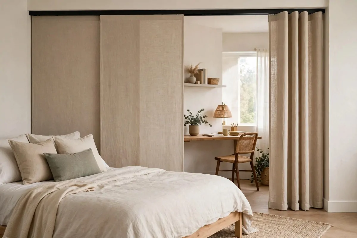 17 Office in Bedroom Ideas Room Dividers Can Create in Minutes 9 Sliding fabric panels on a ceiling rail half open in front of a small desk workspace in a bedroom