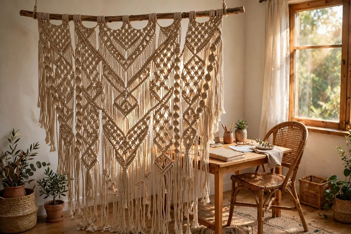 17 Office in Bedroom Ideas Room Dividers Can Create in Minutes 10 Large boho macrame wall hanging on a wooden rod dividing a bedroom office corner with a desk behind it