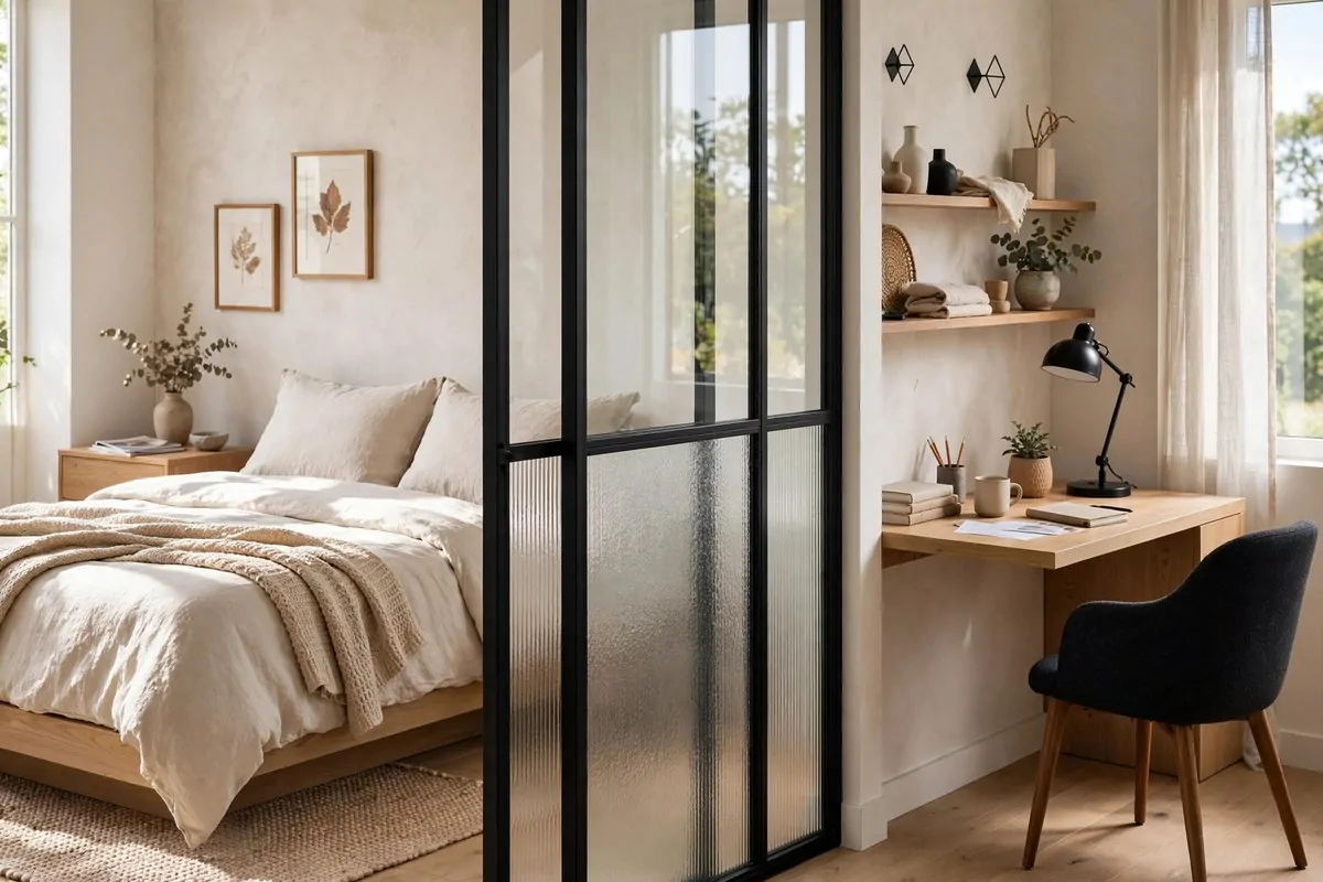 17 Office in Bedroom Ideas Room Dividers Can Create in Minutes 11 Black-framed glass partition with frosted lower panels separating a desk nook from the bed in a modern bedroom