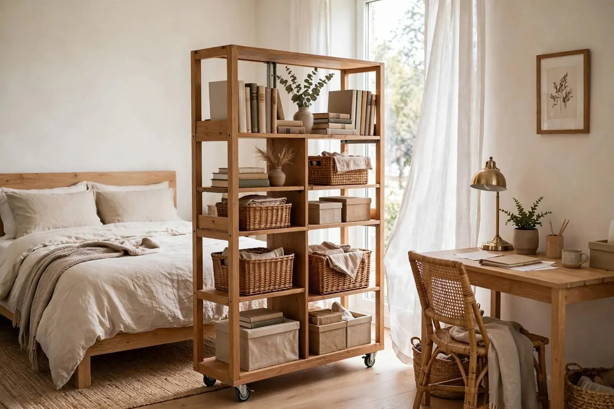 17 Office in Bedroom Ideas Room Dividers Can Create in Minutes 12 Wooden rolling shelf unit on casters standing between a bed and a desk area in a bedroom