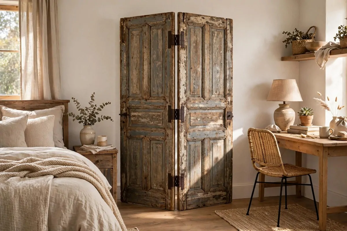 17 Office in Bedroom Ideas Room Dividers Can Create in Minutes 13 Reclaimed vintage wooden doors hinged together as a rustic divider between a bed and a desk
