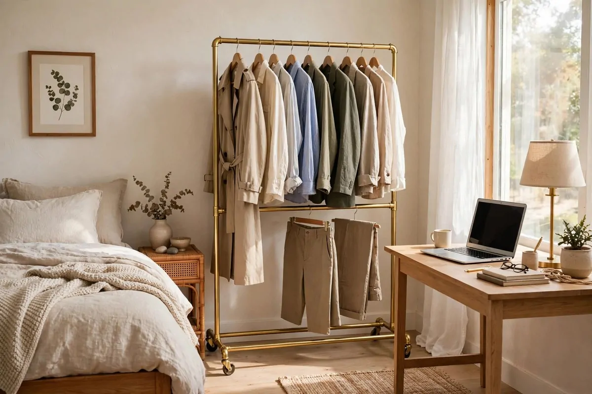 17 Office in Bedroom Ideas Room Dividers Can Create in Minutes 14 Brass garment rack with styled clothes dividing a bed from a small desk area in a bedroom
