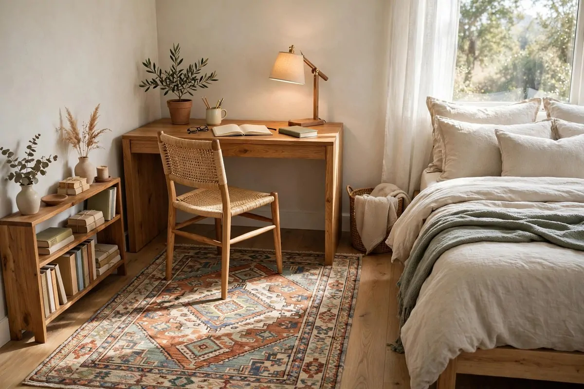 17 Office in Bedroom Ideas Room Dividers Can Create in Minutes 15 Patterned area rug under a wooden desk and chair marking the work zone in a bedroom corner