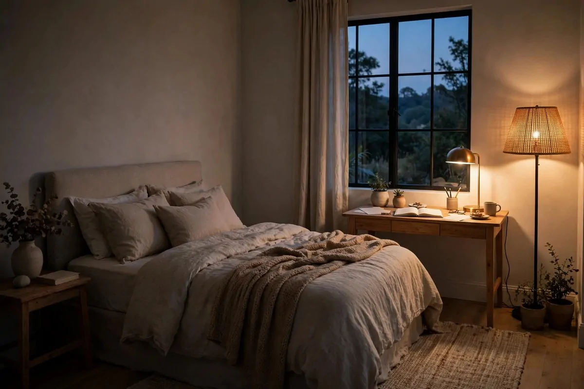 17 Office in Bedroom Ideas Room Dividers Can Create in Minutes 16 Warm floor lamp and glowing desk lamp lighting a desk corner at dusk while the bed area stays dim