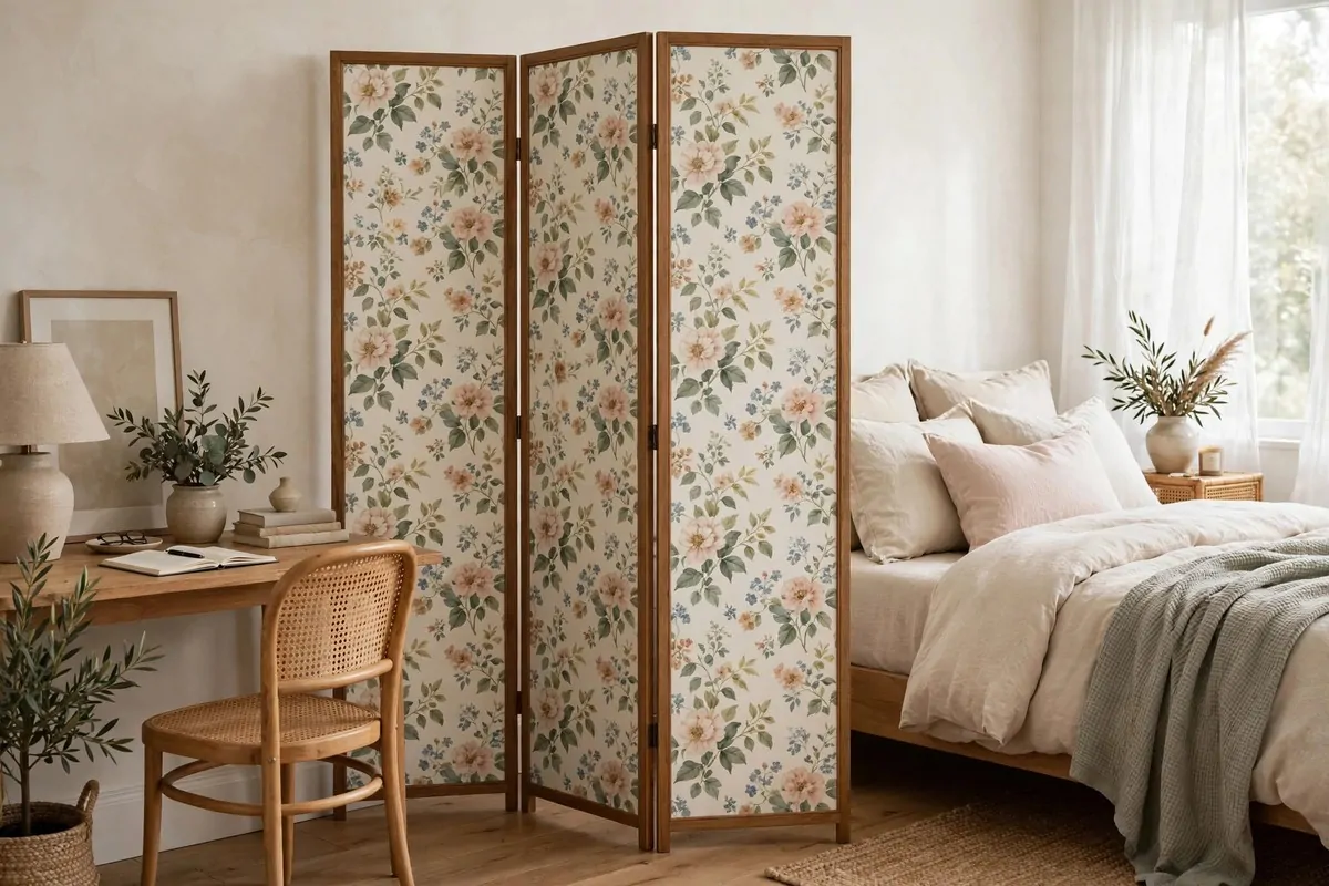 17 Office in Bedroom Ideas Room Dividers Can Create in Minutes 17 Folding screen with floral wallpaper panels standing between a desk and a bed like a piece of art