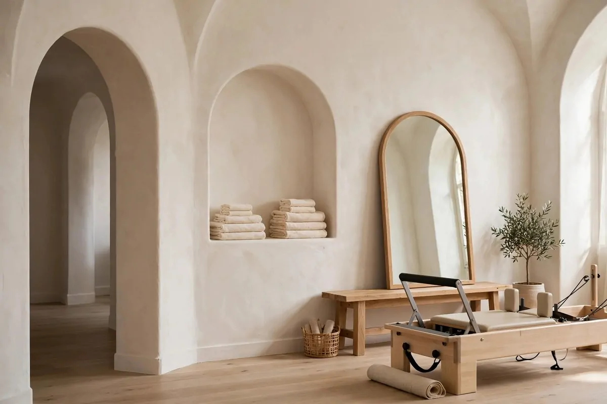 A sage green accent wall in a calm Pilates Studio Inspiration room with a wooden reformer