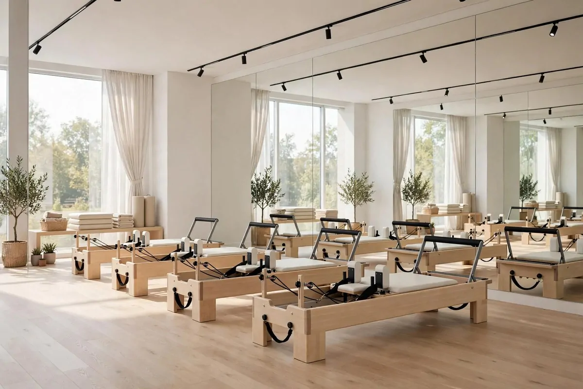 A warm beige monochrome Pilates Studio Inspiration studio with soft layered textiles