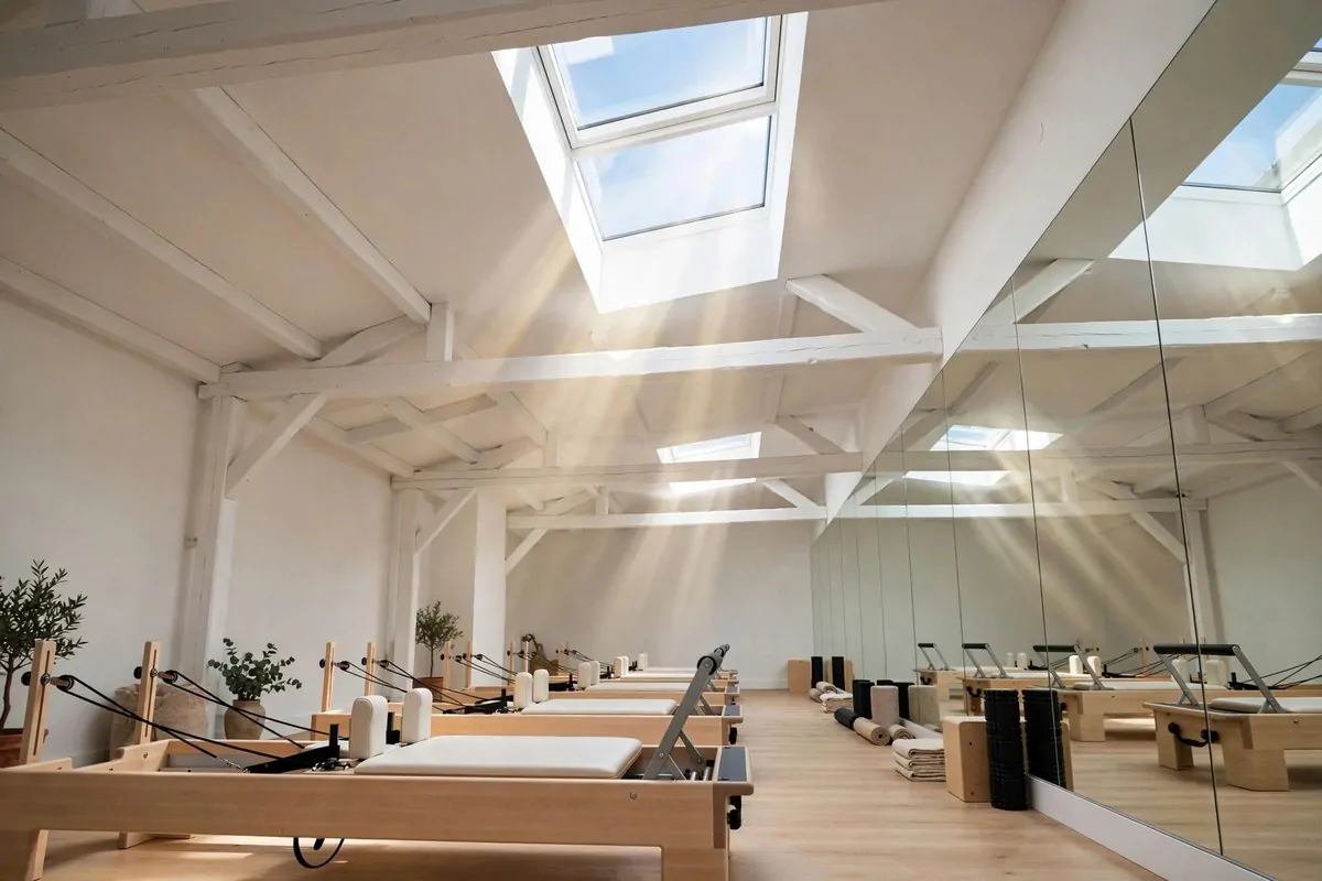 A Japandi style Pilates Studio Inspiration space with bamboo touches and low wooden furniture