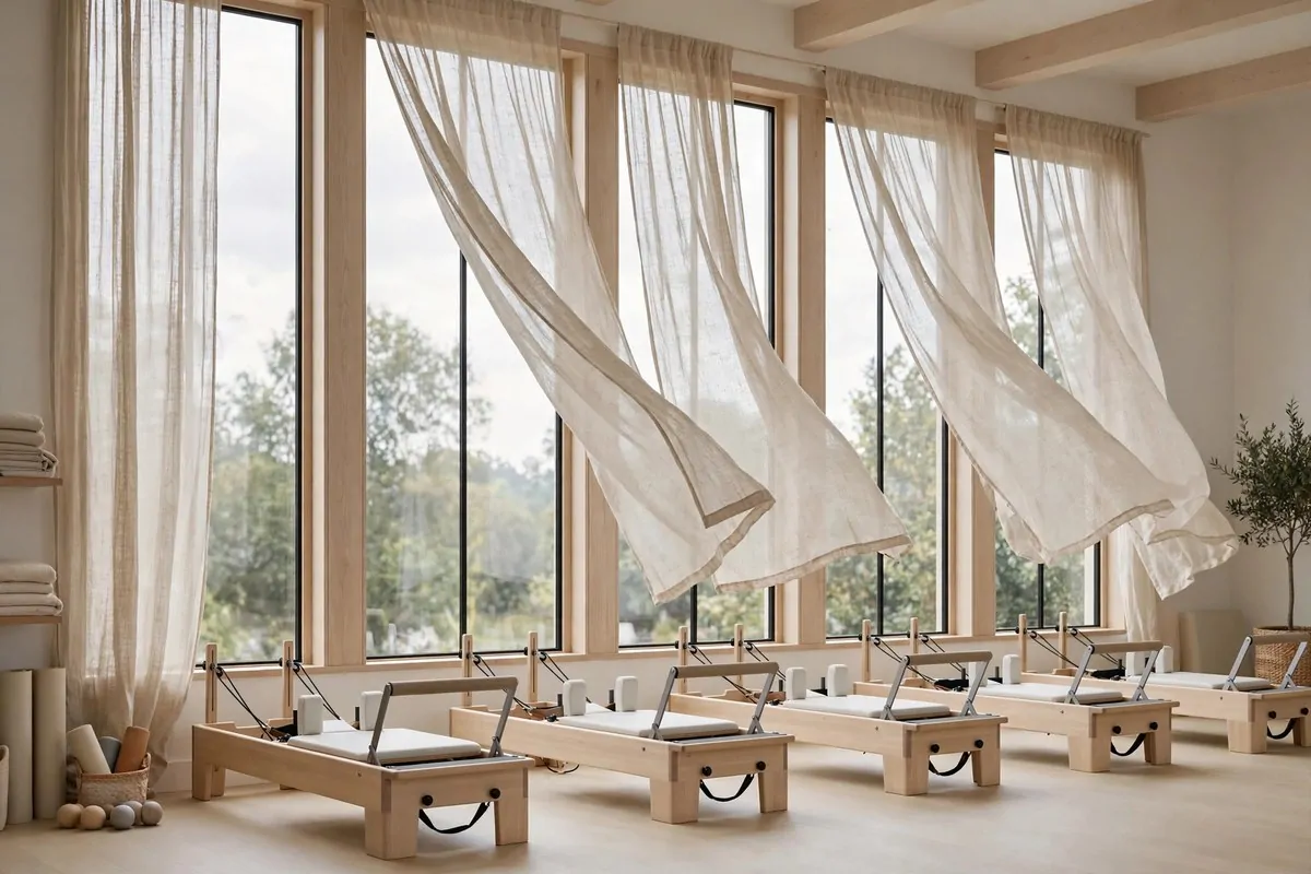 A full mirrored wall in a Pilates Studio Inspiration studio reflecting rows of reformers