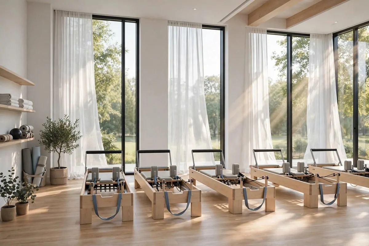 Reformers stored upright on a wall in a small Pilates Studio Inspiration room