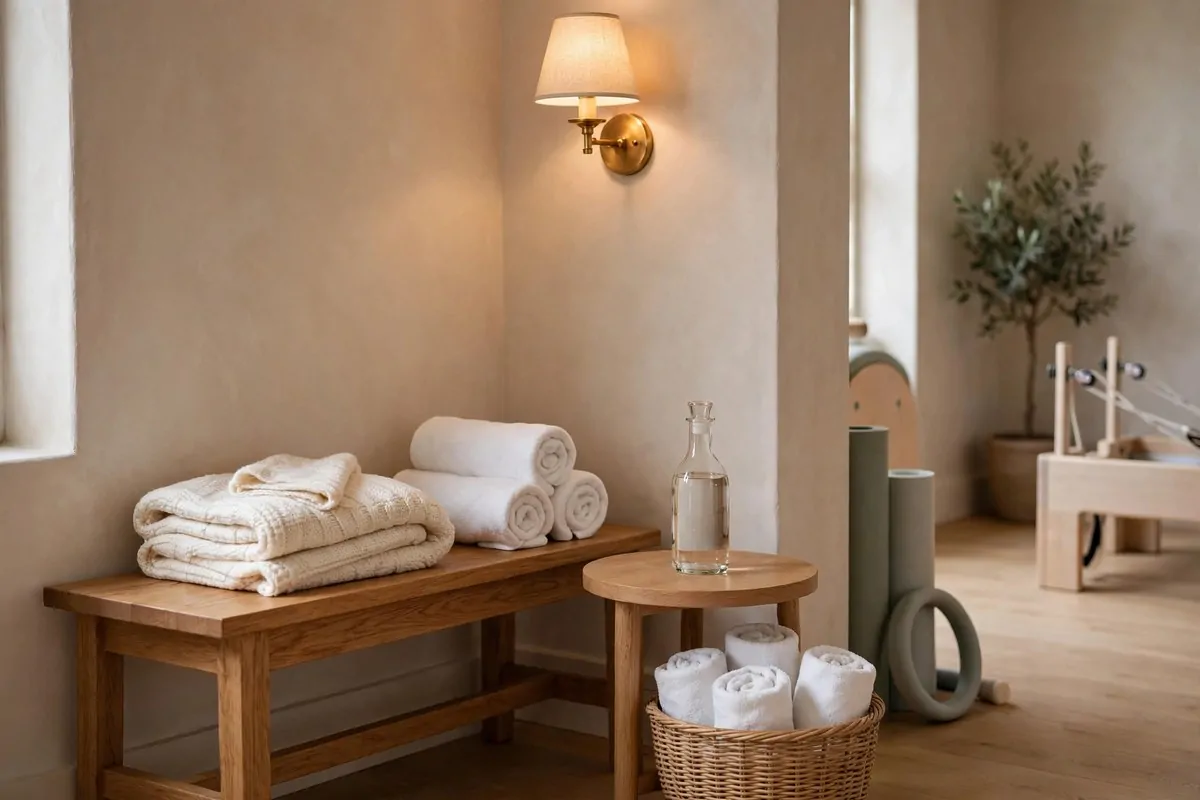 Pale oak wood flooring with neatly rolled mats in a Pilates Studio Inspiration studio