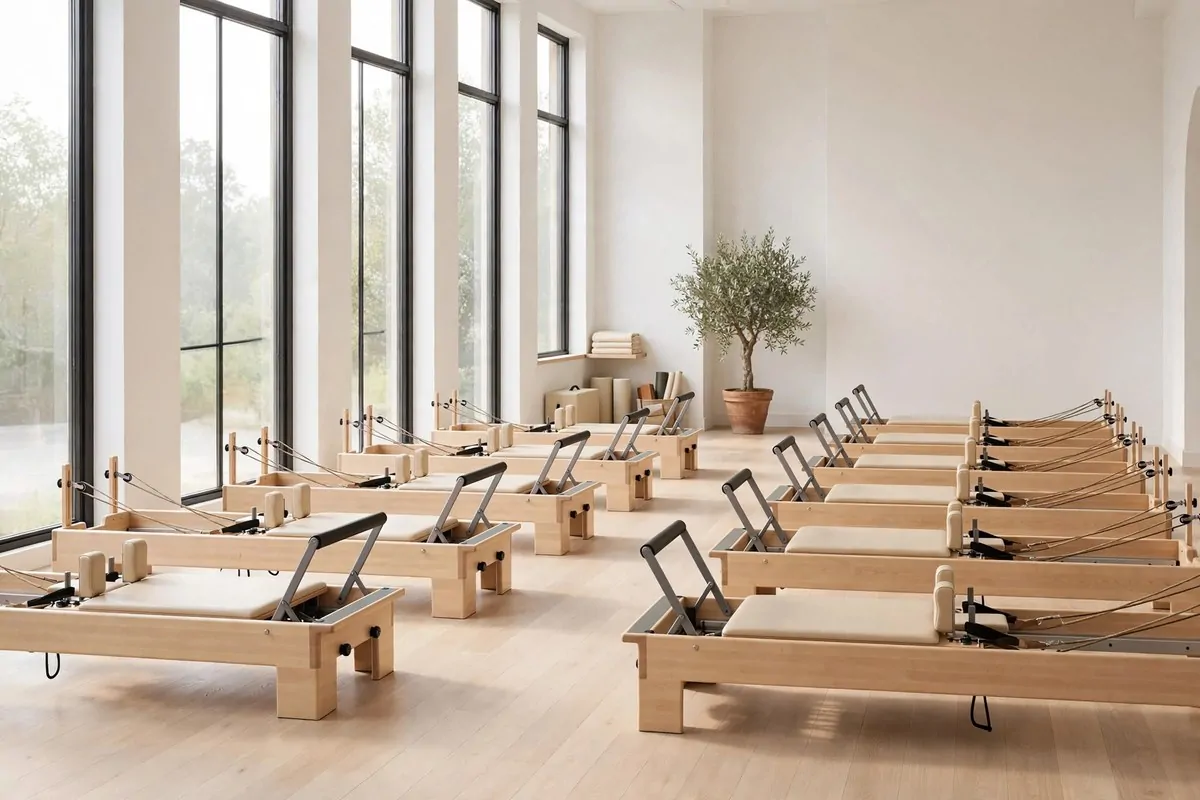 A lush green plant corner in an airy Pilates Studio Inspiration studio