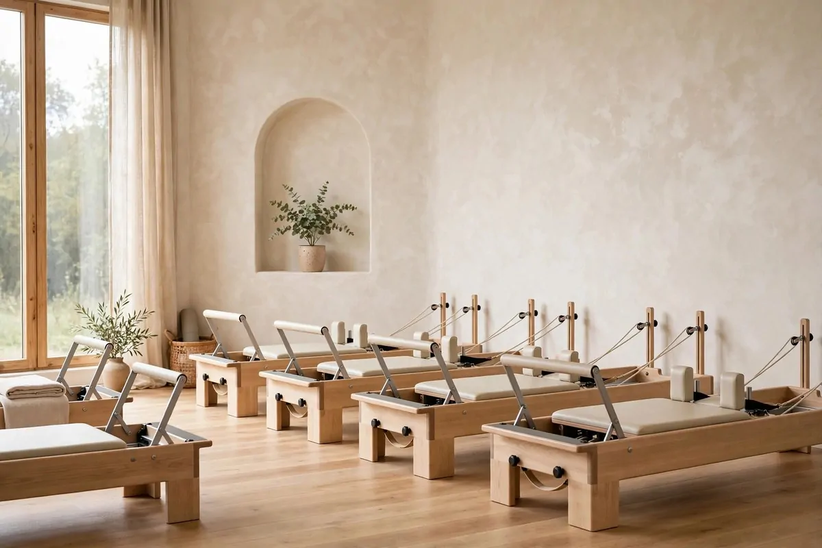 Neat wooden cubbies holding rolled mats in a tidy Pilates Studio Inspiration studio
