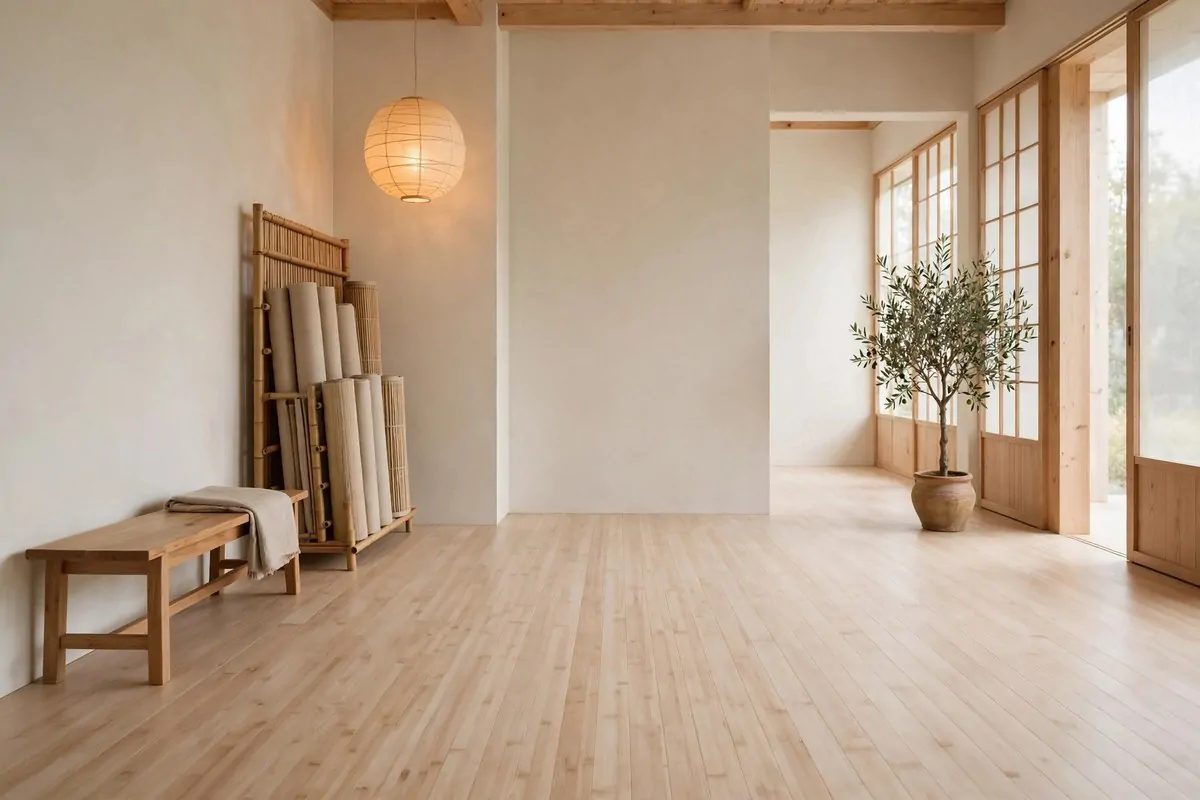 A cozy wooden bench with rolled towels and blankets in a Pilates Studio Inspiration lounge corner