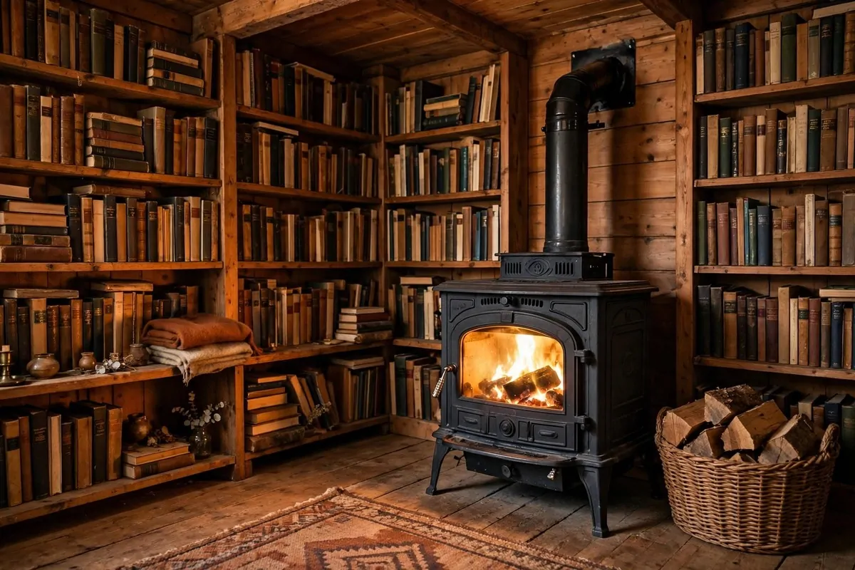 17 Rustic Home Library Inspiration Looks With Warm Wood Tones 1 Cast-iron wood stove glowing in a corner of a rustic library with warm wood shelves