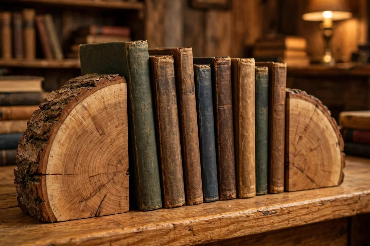 17 Rustic Home Library Inspiration Looks With Warm Wood Tones 2 Handmade wooden bookends on a warm wood shelf holding old hardcover books