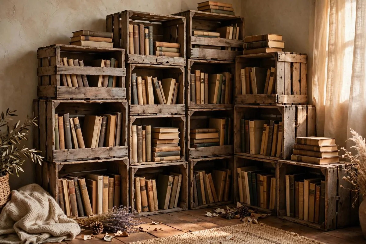 17 Rustic Home Library Inspiration Looks With Warm Wood Tones 3 Wooden apple crates stacked into a bookcase full of books in warm wood tones