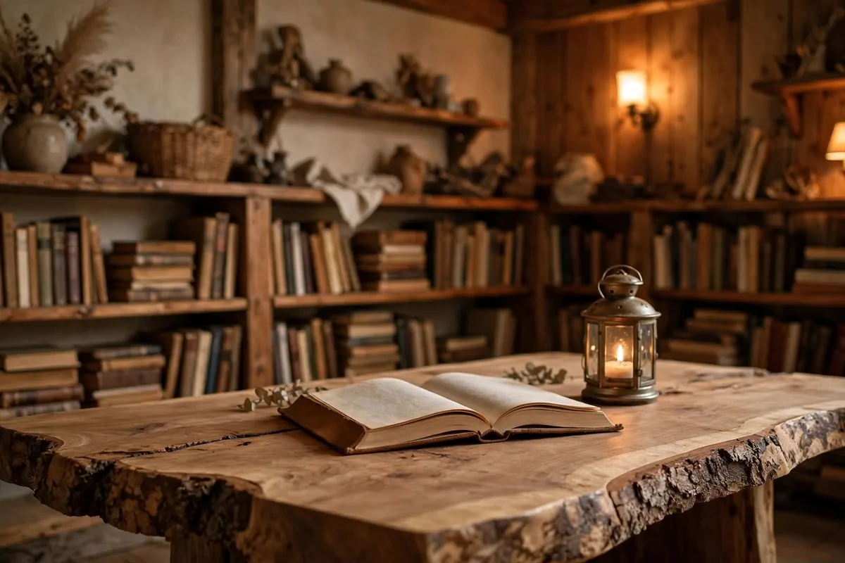 17 Rustic Home Library Inspiration Looks With Warm Wood Tones 4 Live-edge wooden reading table with an open book and a candle lantern in a warm wood library