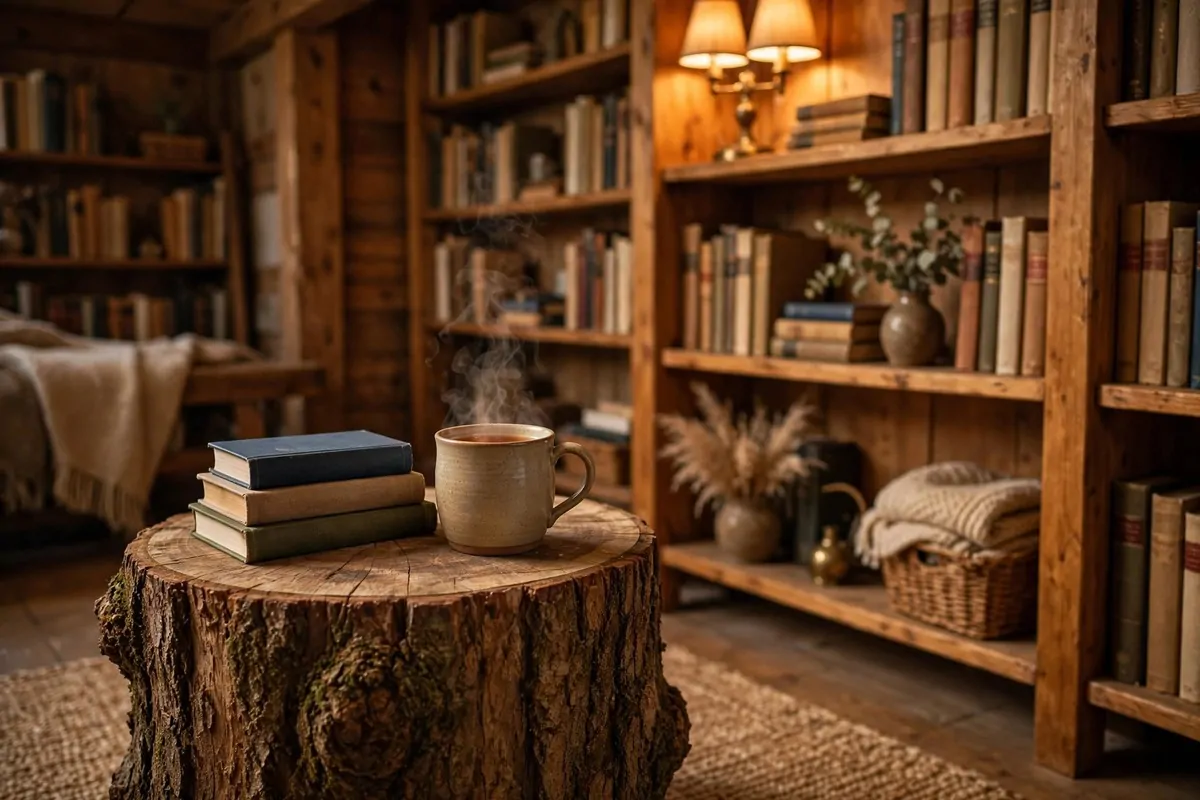 17 Rustic Home Library Inspiration Looks With Warm Wood Tones 5 Tree-stump side table with a mug of tea beside warm wood bookshelves