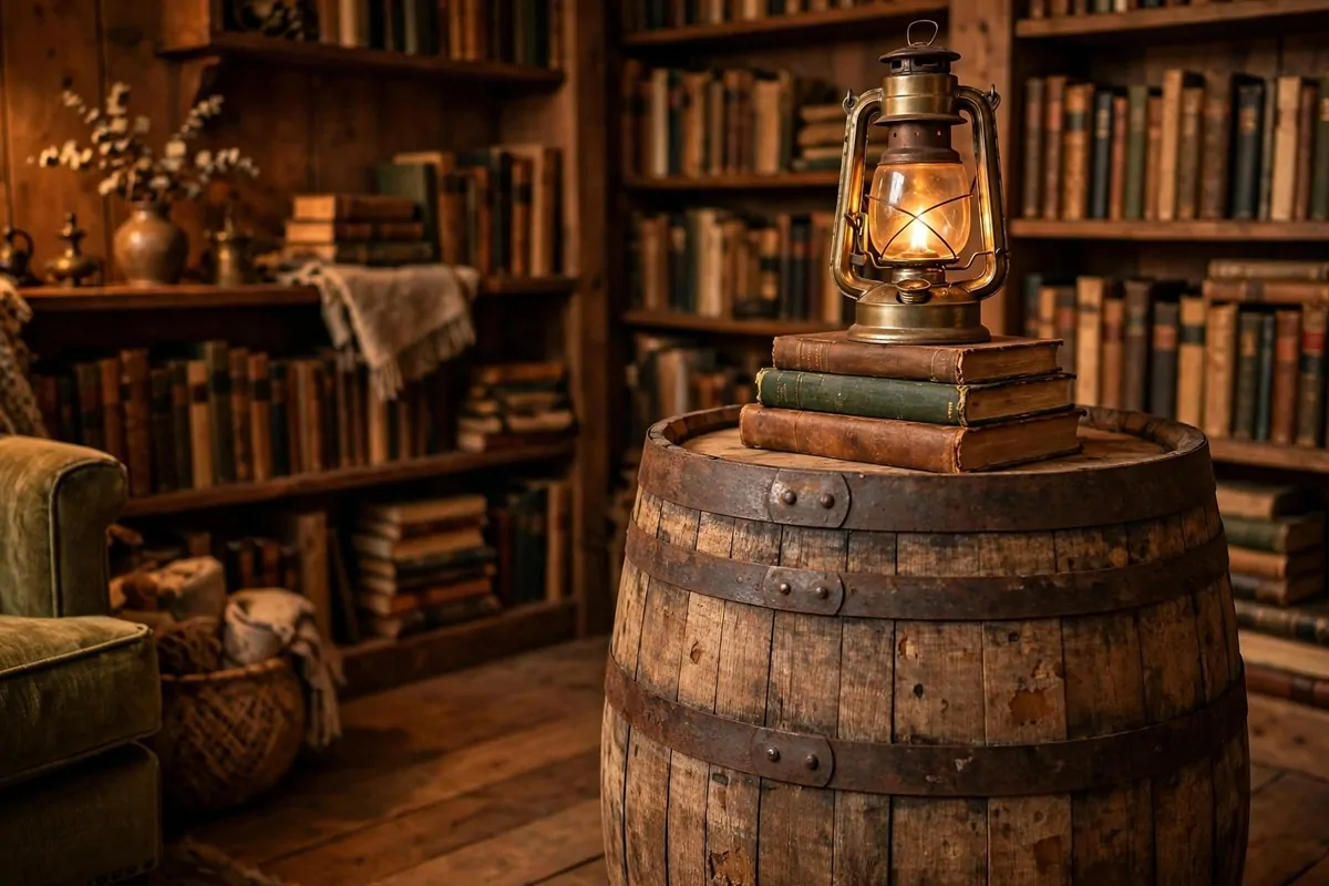 17 Rustic Home Library Inspiration Looks With Warm Wood Tones 6 Oak whiskey barrel side table with books and a lantern on top in a warm wood library