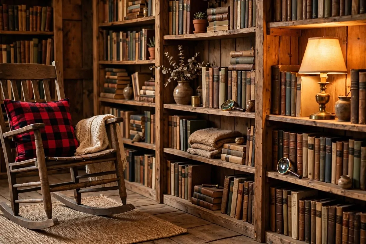 17 Rustic Home Library Inspiration Looks With Warm Wood Tones 7 Wooden rocking chair with a plaid cushion beside warm wood bookshelves
