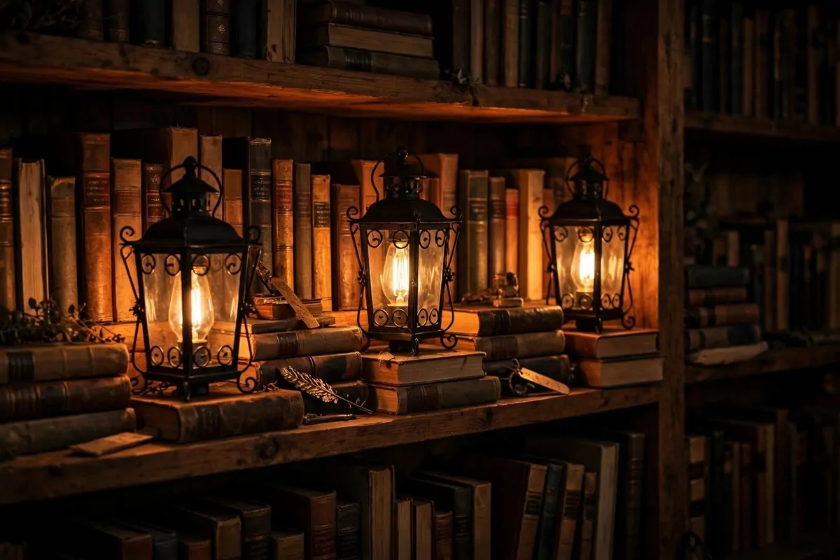 17 Rustic Home Library Inspiration Looks With Warm Wood Tones 8 Wrought-iron lanterns and Edison bulbs glowing on a warm wood bookshelf