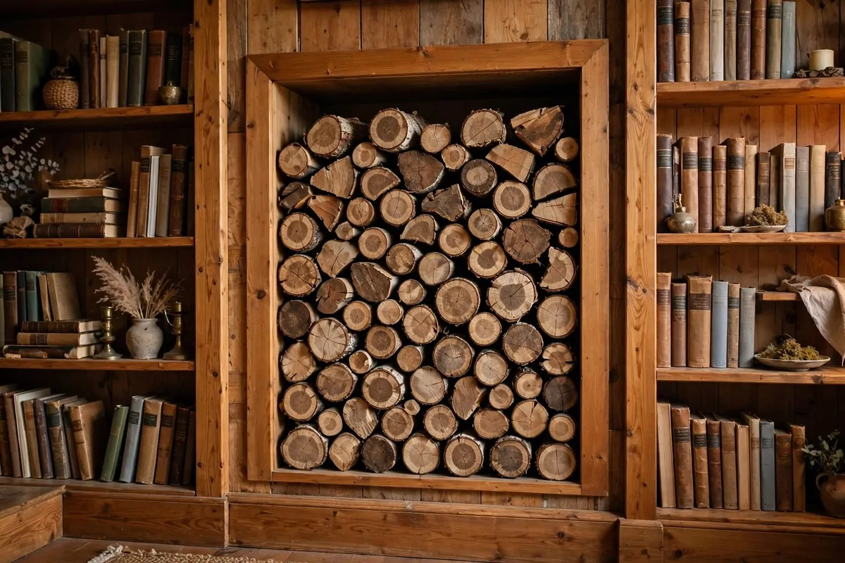17 Rustic Home Library Inspiration Looks With Warm Wood Tones 9 Built-in wall cubby stacked with firewood beside warm wood bookshelves